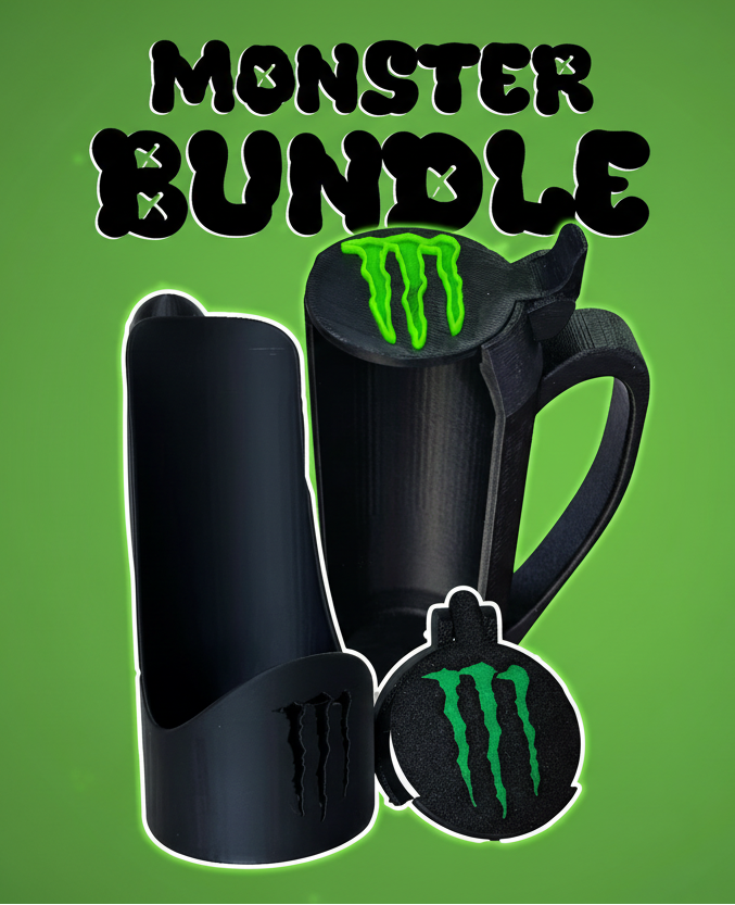 Black and green Monster Energy drink container with logo on a transparent background