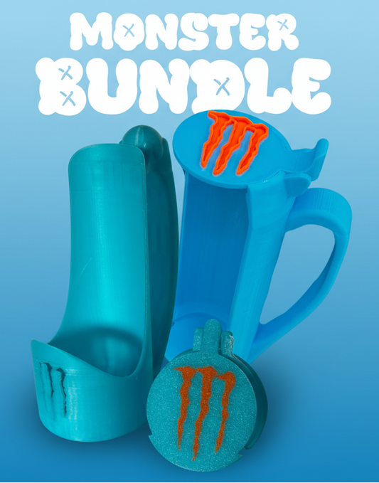 Two blue cups with Monster Energy logo on a blue background