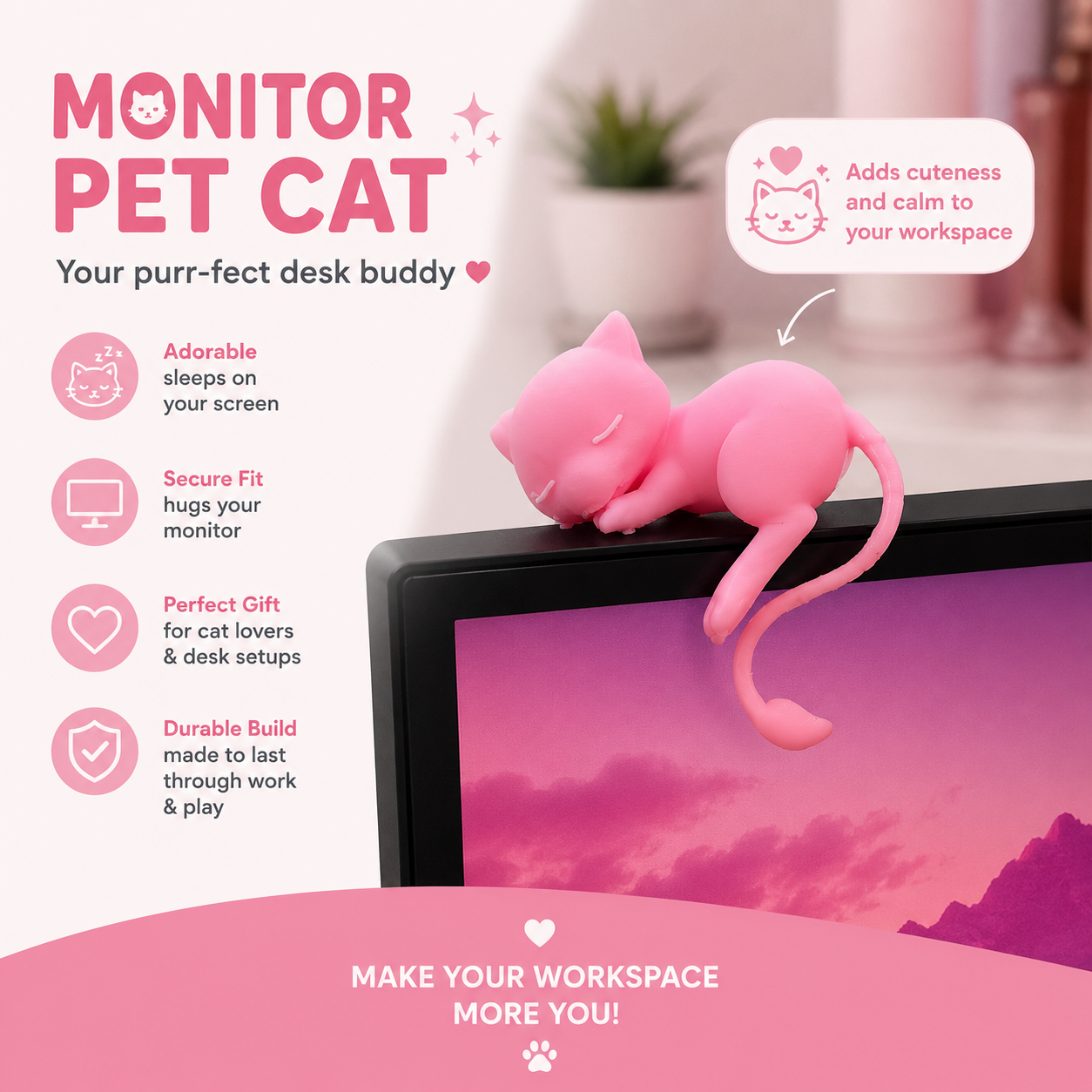 Sleeping Cat Monitor Topper | Cute Desk Decor | Computer Monitor Pet | Office Desk Accessory | Gift