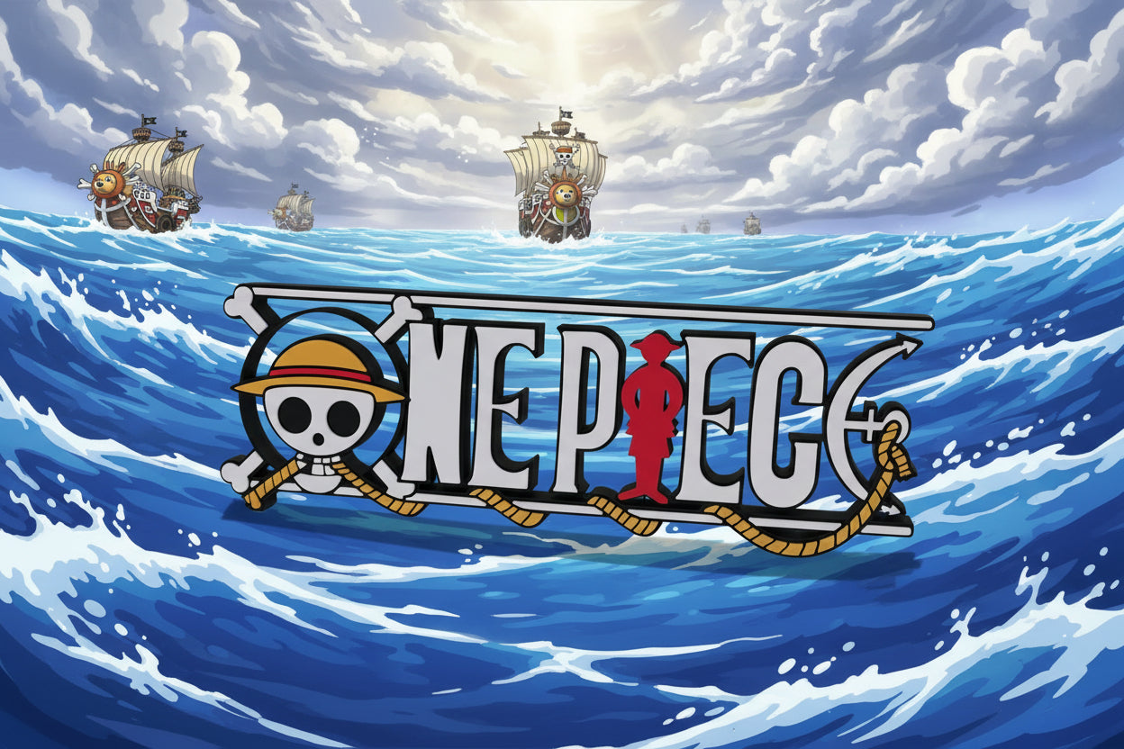 3D Printed One Piece Logo Display Stand – Anime Desk Decor, Luffy Pirate Logo Sign, One Piece Fan Gift, Manga Room Decoration