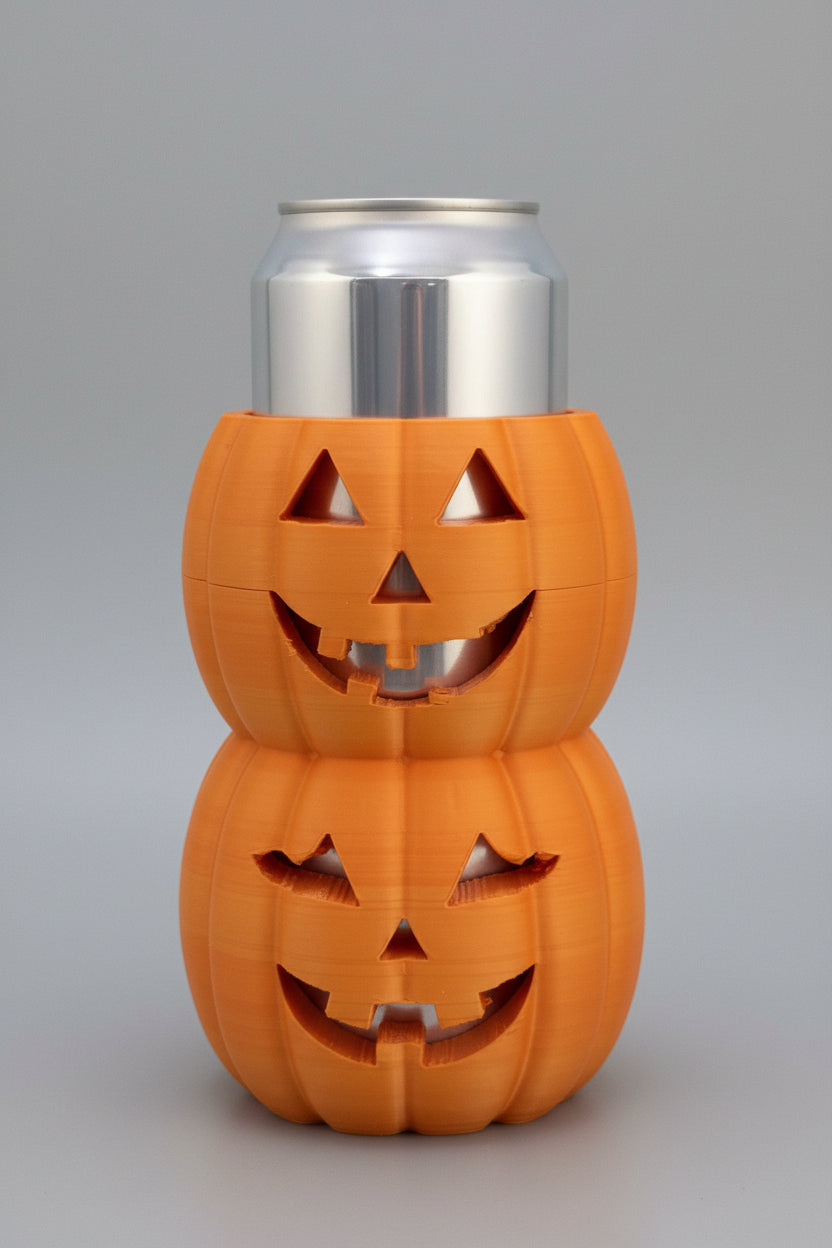 A Halloween-themed double pumpkin can cooler made of two stacked jack-o'-lantern cutouts holding a pink can of Punch Monster beverage, set against a wooden paneled background.