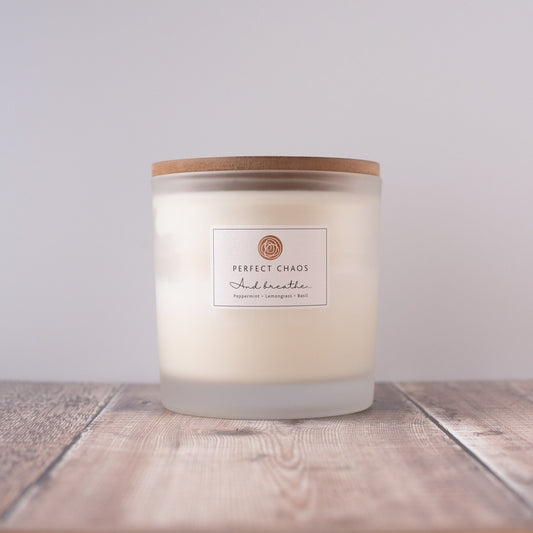 Frosted Glass Candle - And Breathe - Peppermint, Lemongrass and Basil