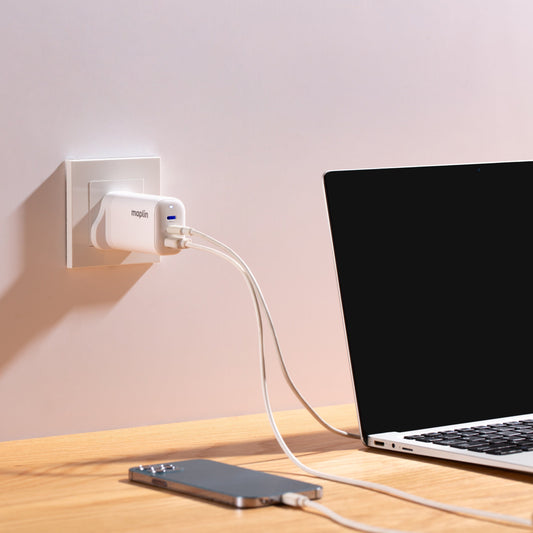 Maplin 3 Port USB Wall Charger 2x USB-C 1x USB-A GaN PD QC 3.0 45W High Speed Charging