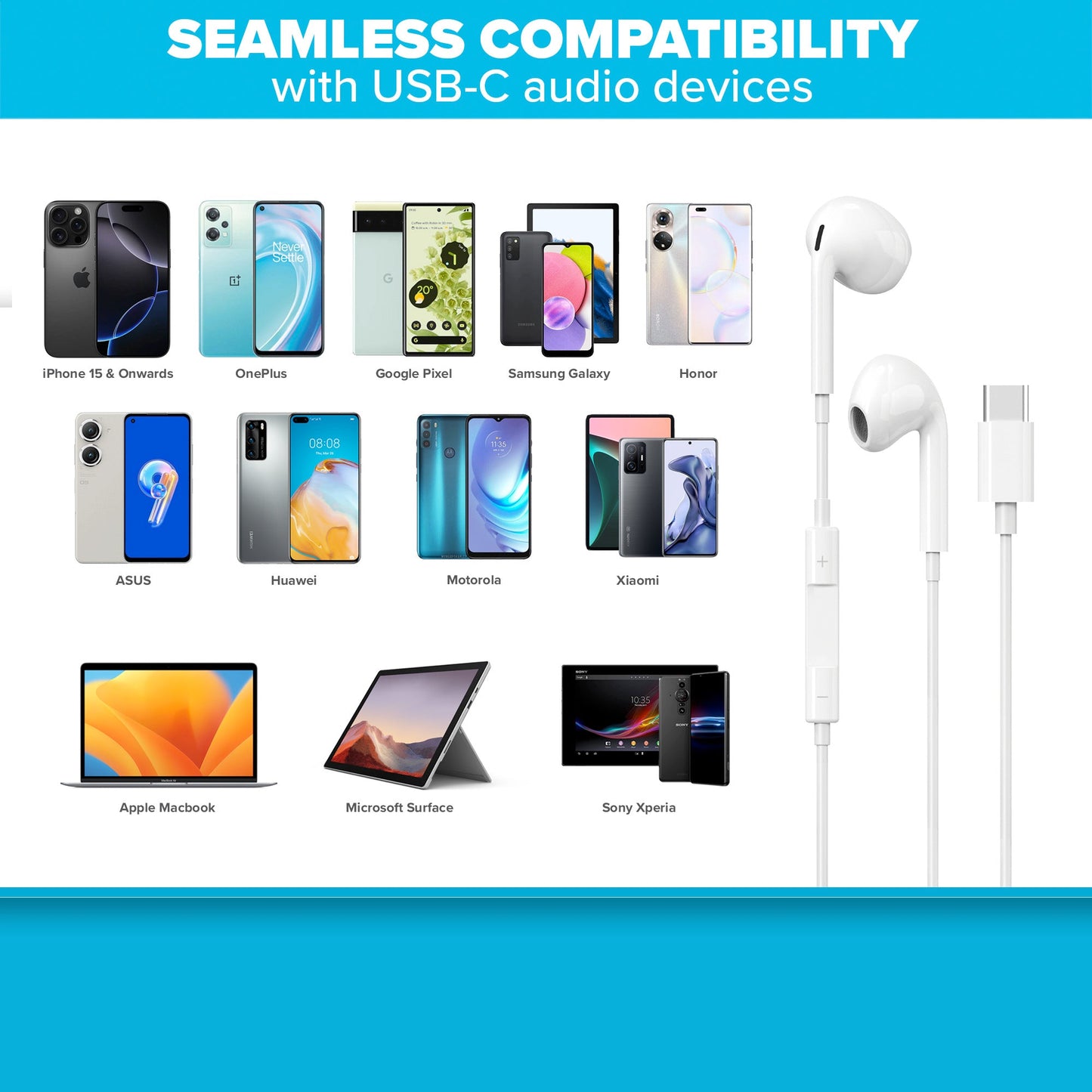 Maplin Wired USB-C Earbuds with Hands Free Calling & Volume Button - White